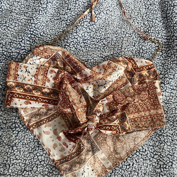 Self-Tie Satin Paisley Cropped Top, xs - Picture 3 of 3